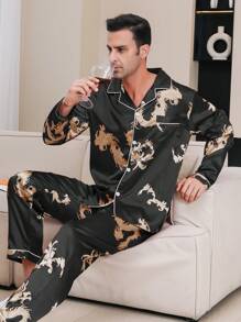 Two Pieces Sets Men's Satin Gold Dragon Print Edging Long Sleeved Pocket Top With Long Pants Pajama Set, Fall Clothes