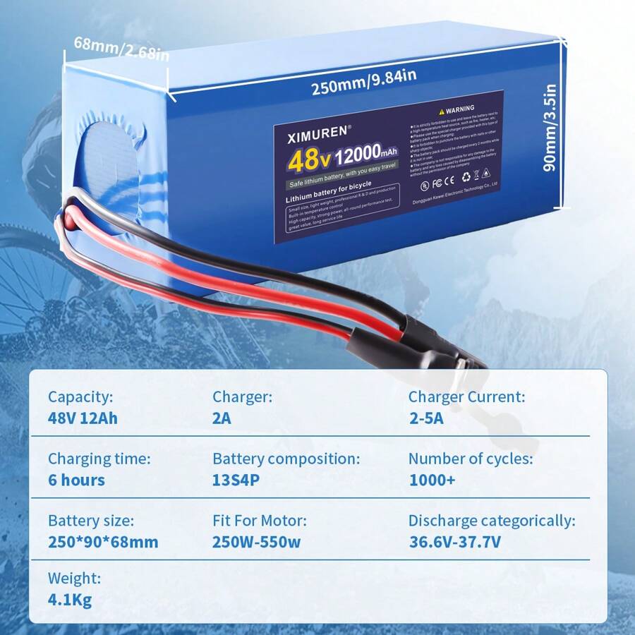 XIMUREN 48V Electric Bike Battery, 48V Battery 12Ah 20Ah Electric Bike Battery 48V Lithium Battery With 2A Charger, XT60 Connector, T-Plug And BMS For 250W 550W 750W E-Bike Motor/E-Bike Kit - 48V12AH(200W-1200) - Xem 1