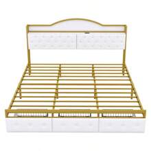 Metal Platform Bed With 3 Drawers, Storage Headboard, King, Gold