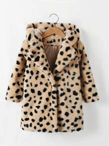 Giacca medio-lunga per ragazze giovani alla moda, con cappuccio ampio, colletto, maniche lunghe, stampa leopardata e soffice, adatta per autunno/inverno