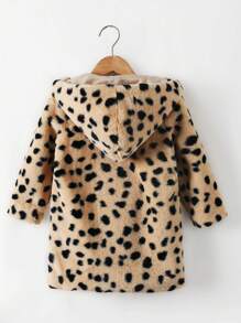 Giacca medio-lunga per ragazze giovani alla moda, con cappuccio ampio, colletto, maniche lunghe, stampa leopardata e soffice, adatta per autunno/inverno