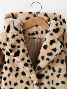 Giacca medio-lunga per ragazze giovani alla moda, con cappuccio ampio, colletto, maniche lunghe, stampa leopardata e soffice, adatta per autunno/inverno