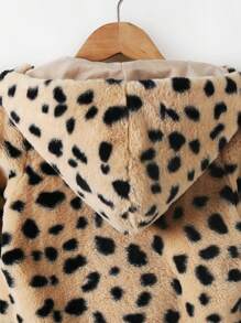 Giacca medio-lunga per ragazze giovani alla moda, con cappuccio ampio, colletto, maniche lunghe, stampa leopardata e soffice, adatta per autunno/inverno