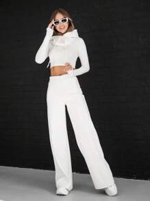 优雅高腰 PU 皮革直筒裤秋冬热销天鹅绒女装