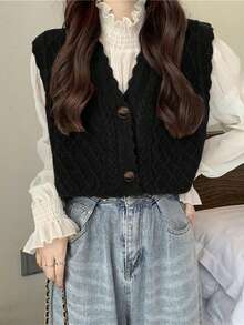 Women's Solid Color Shell Trim Front Button Sleeveless Casual Knit Vest