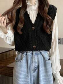 Women's Solid Color Shell Trim Front Button Sleeveless Casual Knit Vest