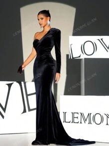 1pc Black One-Sleeve Velvet Floor-Length Evening Gown, Formal Prom Dress Dinner Party Dress, For Wedding Guest, Graduation
