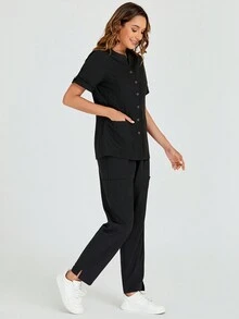 cimmuovere V-Neck Metal Button Multi-Pocket Black 2 Pieces Set Uniform Tracksuit, Stretchy - Black - View 7