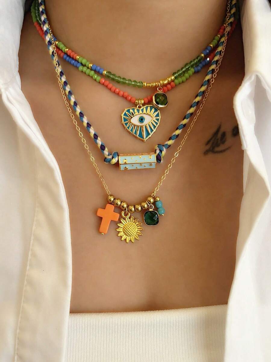 1 st. Boheems kruis, zon, boze oog hart, zeshoekige pilaar letter hanger handgemaakte kralenketting dames dagelijkse vakantie accessoires funky sieraden - Veel kleurig - Bekijken 1