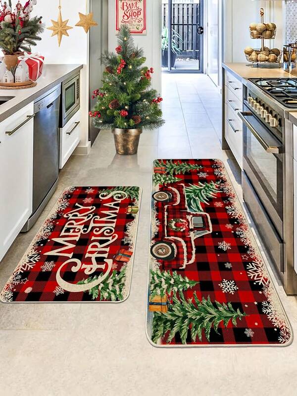1pc Christmas Tree, Snowflake, Truck Pattern Kitchen Mat, Patchwork Plaid Mat, Absorbent Rug For Kitchen, Office, Laundry Room, Bathroom, Home Decor, Christmas Decoration