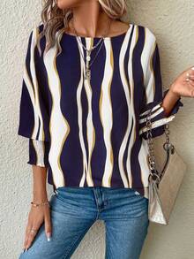 女士秋季上衣波浪条纹蝙蝠袖海军蓝圆领七分袖衬衫 - 藏蓝色 - 查看 2