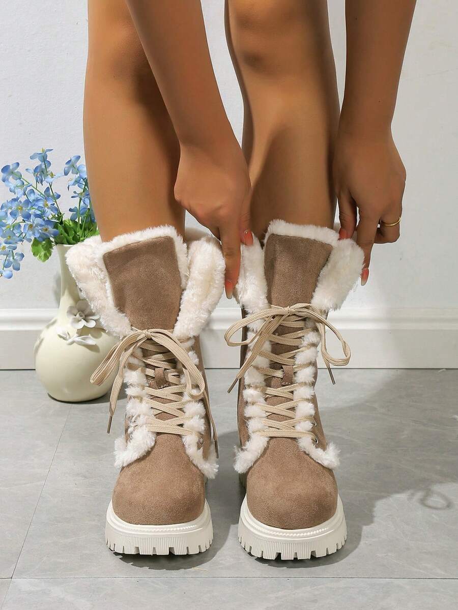 Thick Sole MidCalf LaceUp Snow Boots For Women, Warm Plush Lined