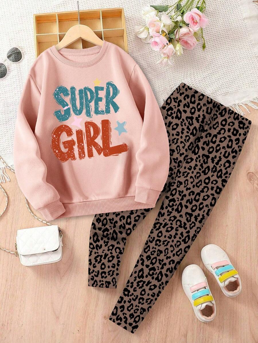 Tween 女童可爱彩色字母印花宽松休闲舒适长袖连帽衫和豹纹柔软长裤套装 - 粉色 - 查看 1