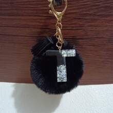 1pc Cute Letter Shaped Zinc Alloy Keychain, Keyring Spring/Summer/Autumn/Winter, Black English Letters & Fuzzy Ball Decor Car Accessories Bag Charm Backpack For School Goth Y2k Christmas Gift Ideas Bag Accessories Lanyards With Id Holder Car Accessories Bag Charms Car Teacher Friend Sister - Black + White - View 9