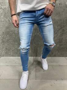 Men's Stretch Skinny Solid Color American Casual Jeans - Blue - View 3