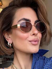 1 pieza Gafas de sol de moda con marco ovalado y estilo retro pequeño y redondo, accesorio decorativo para viajes - Dorado - Ver 7