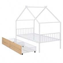 Twin Size Metal House Bed With Two Drawers, White - 白色+金屬+雙如圖 - 查看 9