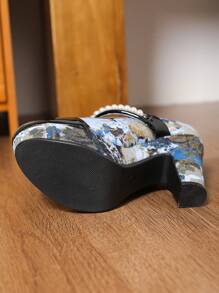 仿珍珠带蝴蝶结高跟鞋 2024 春秋季新款优雅礼服约会撞色玛丽珍厚底粗跟鞋 - 靜夜黑色 - 查看 7