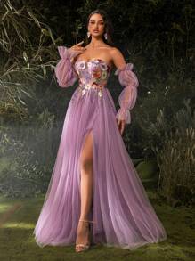 UNITHORSE 透视裹胸，带骨和刺绣贴花，可拆卸网眼长袖，闪亮下摆网眼舞会礼服派对礼服婚礼宾客礼服正式礼服晚礼服、长袍、校服 - 紫色 - 查看 4