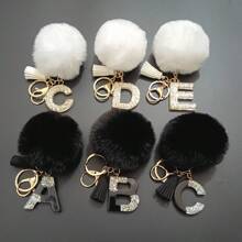 1pc Cute Letter Shaped Zinc Alloy Keychain, Keyring Spring/Summer/Autumn/Winter, Black English Letters & Fuzzy Ball Decor Car Accessories Bag Charm Backpack For School Goth Y2k Christmas Gift Ideas Bag Accessories Lanyards With Id Holder Car Accessories Bag Charms Car Teacher Friend Sister - Black + White - View 3