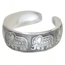 1pc Vintage Metal Embossed Auspicious Cloud, Elephant & Lotus Floral  Pattern  Textured Openwork Adjustable Bangle Bracelet, Fashion Accessory Gift For Women And Couples - Antique Silver - View 20