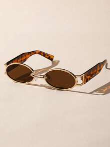 Vintage 1pc Classic Oval Shaped Gold Frame & Tea Legs Decor Fashion Eyeglasses Beach Accessories Glasses Shades - Grey - View 5