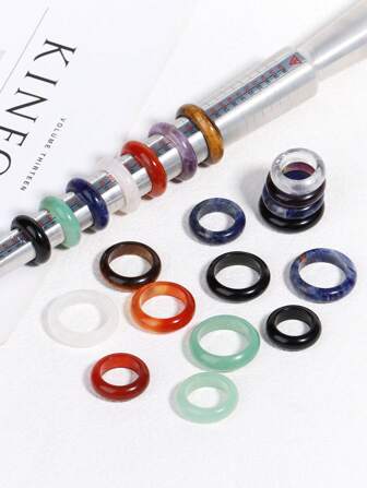 1pc Circle Round Shape Natural Stone Women Men Crystals Ring 17mm 19mm Healing Black Obsidian Tiger Eye White Quartz Rock Crystal Amethyst Red Agate Rings For Jewelry Making DIY Pendant Necklace Accessories