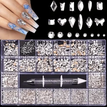 21 Grids Nail Accessories Set - 600pcs Clear AB Diamonds + 2500pcs Flat Rhinestones Mix Kit, DIY Crystal Gemstone For Nails, Shoes, Clothes, Jewelry Decoration - trắng - Xem 1