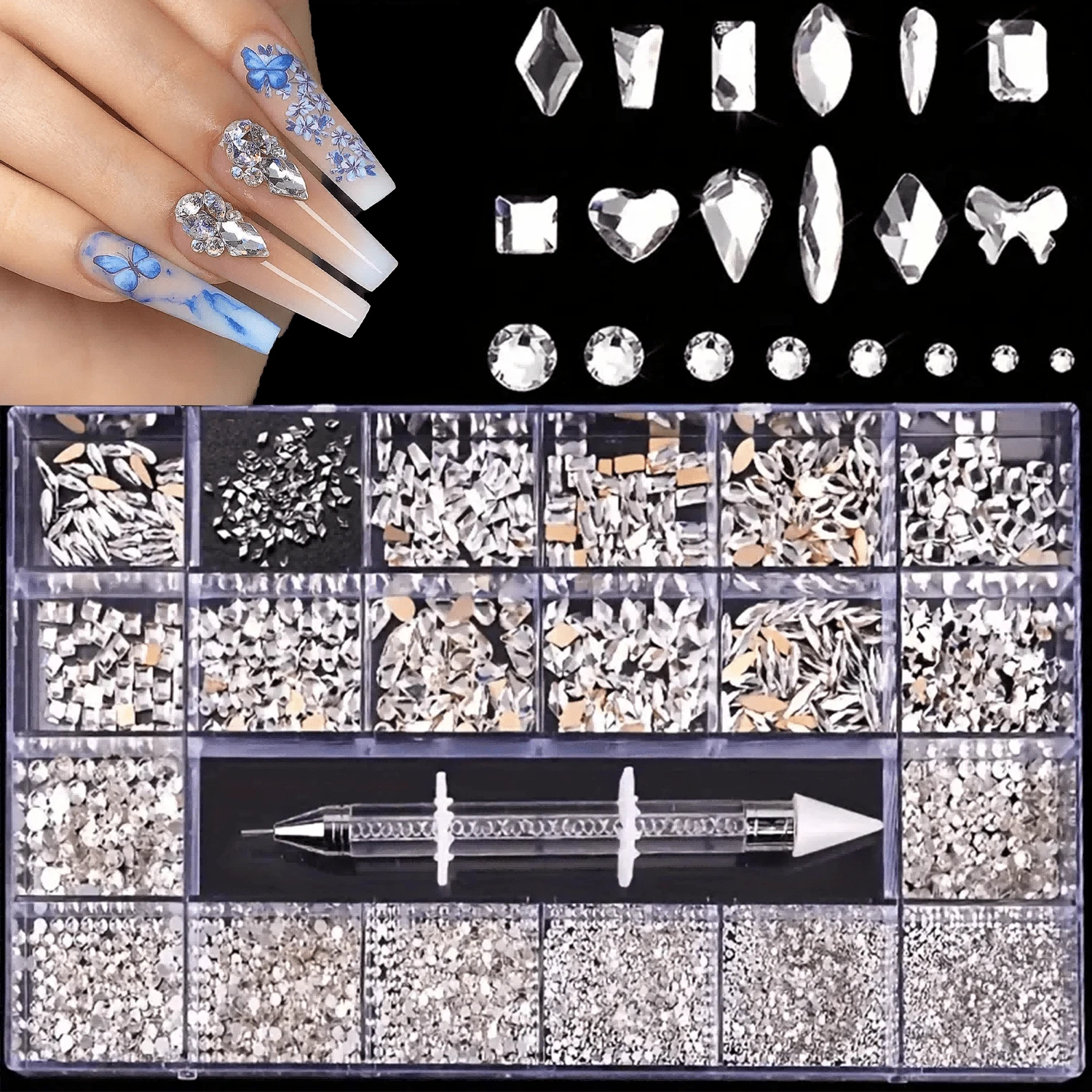 21 Grids Nail Accessories Set - 600pcs Clear AB Diamonds + 2500pcs Flat Rhinestones Mix Kit, DIY Crystal Gemstone For Nails, Shoes, Clothes, Jewelry Decoration - trắng - Xem 1