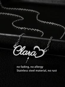 Fashionable Matte Name Necklace Custom Made, Stainless Steel Gold-Tone Heart-Shaped Frosted Couples Necklace Jewelry, Perfect Gift For Valentine's Day, Christmas, Halloween, Anniversary For Couples, Friend, Family, Silver, Stylish, Colorful, Vintage, Simple, Unisex, Casual, Cuties, Custom, Personalized, Unique, Ideal Gifts For Him, Ideal Gifts For Her, Her, Boyfriend, Girlfriend, Dad, Mom, Family, Friends, For Anniversaries, For Birthdays, For Graduation, For Prom, For Party, Prom Season - Silver - View 3