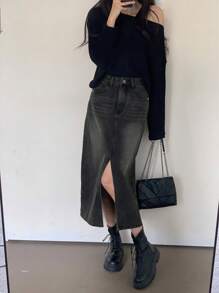 黑色 & 灰色牛仔中长高腰开衩裙 - 黑色 - 查看 1