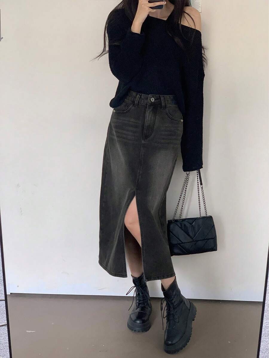 黑色 & 灰色牛仔中长高腰开衩裙 - 黑色 - 查看 1