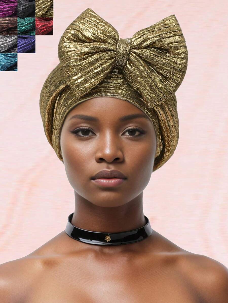 1 chiếc mũ xếp nếp nơ lớn bằng vàng lá cổ điển mới, mũ quấn đầu co giãn thoải mái - Nhiều màu - Xem 1
