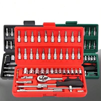 46pcs Upgraded Industrial Portable Socket Wrench Set, Multi-Function Ratchet Torque Wrench And Screwdriver With Tool Storage Box, Suitable For High-End Professional Tool Kit, Such As Car, Bicycle And Motorcycle Repair, Industrial Maintenance, Mechanical Repair, Etc.
