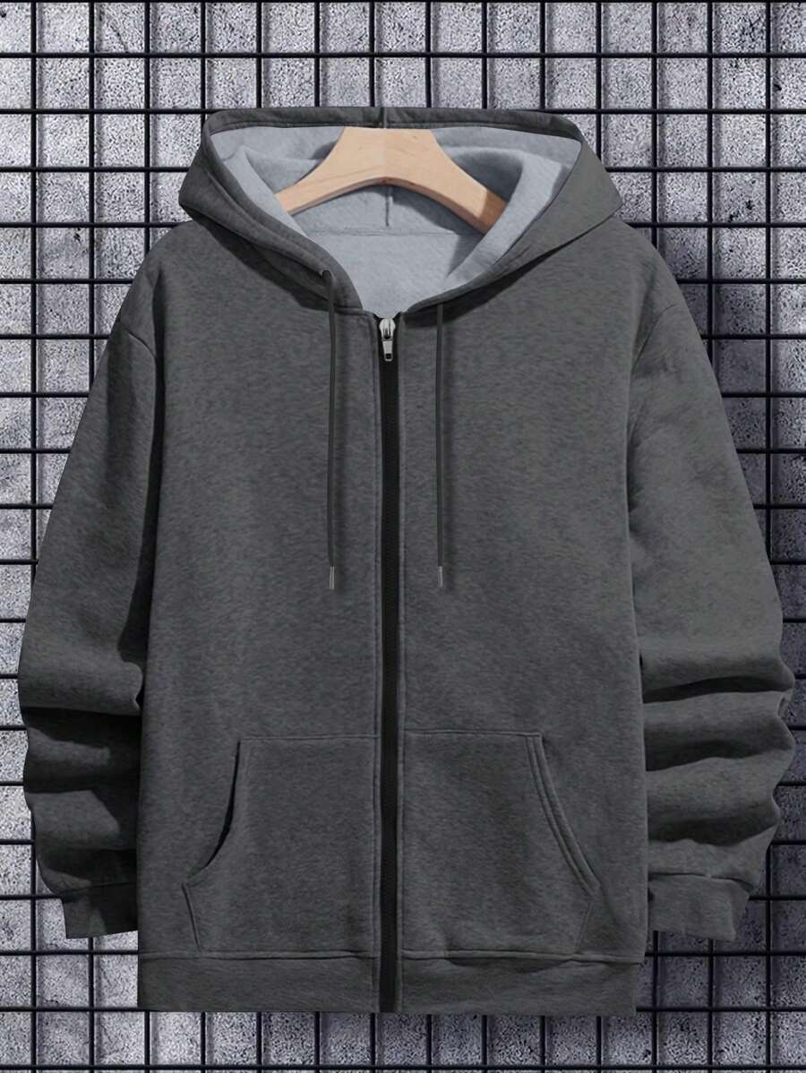 Plus Size Men's Hooded Zip-Up Sweatshirt, Casual & Versatile, Adjustable Drawstring, Pockets, Spring Autumn - Dark Grey - View 1