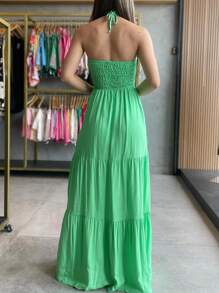 Elastek Elegant Slit Halter Neck Long Dress - verde menta - Ver 2