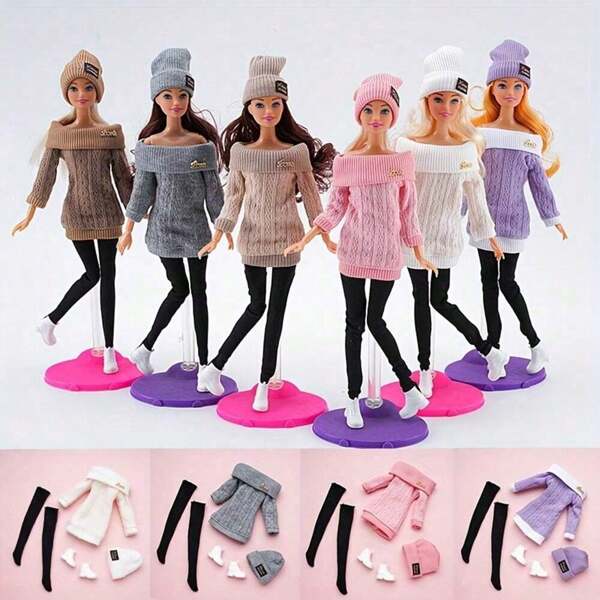1set Multicolored Outfit Sweater Stockings Hat Shoes, Daily Casual Wear Accessories Clothes For 11.5inch Doll (Doll Not Included)