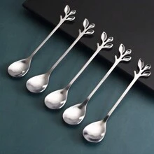 5 件不锈钢叶形甜点勺，时尚冰淇淋勺 - 銀色 - 查看 3