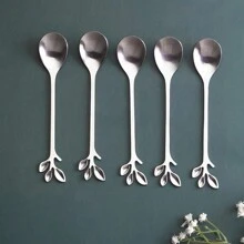 5 件不锈钢叶形甜点勺，时尚冰淇淋勺 - 銀色 - 查看 1