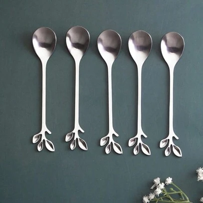 5 件不锈钢叶形甜点勺，时尚冰淇淋勺