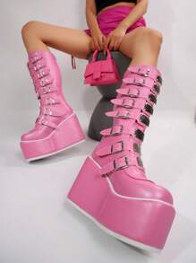 Giày bốt nữ màu đen ấm áp thường ngày, giày cao gót đế xuồng trang trí khóa Punk thời trang gợi cảm nhẹ nhàng mùa đông, thích hợp cho Halloween, Giáng sinh, tiệc tùng - Hồng - Xem 1