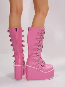 Giày bốt nữ màu đen ấm áp thường ngày, giày cao gót đế xuồng trang trí khóa Punk thời trang gợi cảm nhẹ nhàng mùa đông, thích hợp cho Halloween, Giáng sinh, tiệc tùng - Hồng - Xem 5