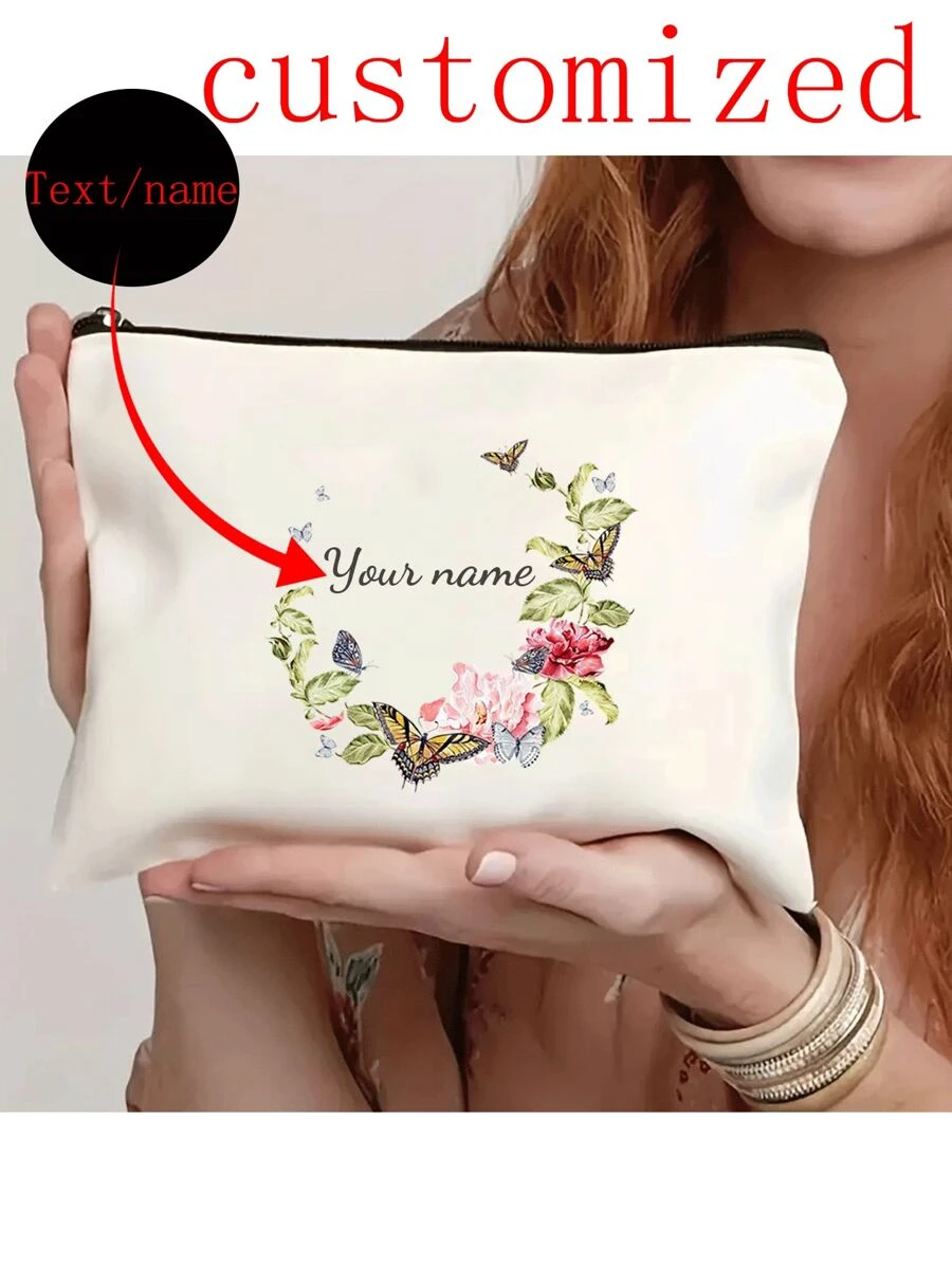 Flowers, Butterflies, Bows, Love, New Autumn Collection, Christmas Gift, Holiday Essential, Halloween, Christmas, Clutch, Coin Purse, Toiletry Bag, Makeup Bag, DIY, Gift For Girlfriend, Valentine's Day, Gift For Mom, Mother's Day, Travel, Bags, Women's Handbag, Travel Essential, Tote Bag, Customized Name - Beige - View 1