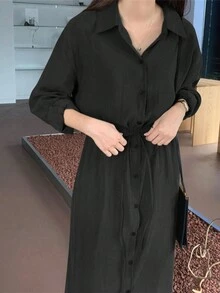 Đầm dài tay cài cúc đơn màu trơn dành cho nữ, kiểu dáng thanh lịch, thích hợp cho mùa xuân và mùa thu, màu đen. - màu đen - Xem 3