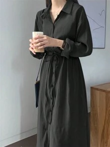 Đầm dài tay cài cúc đơn màu trơn dành cho nữ, kiểu dáng thanh lịch, thích hợp cho mùa xuân và mùa thu, màu đen. - màu đen - Xem 2