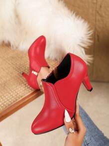 女士纯色简约踝靴，侧拉链高跟鞋，优雅尖头高跟鞋，秋冬 - 紅色 - 查看 11