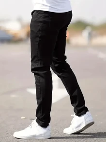 Men's Slim-Fit Casual Solid Color Business Straight Leg Jeans, With Elastic, Slant Pockets, Blend Fabric Year-Round Wear - Black - View 7
