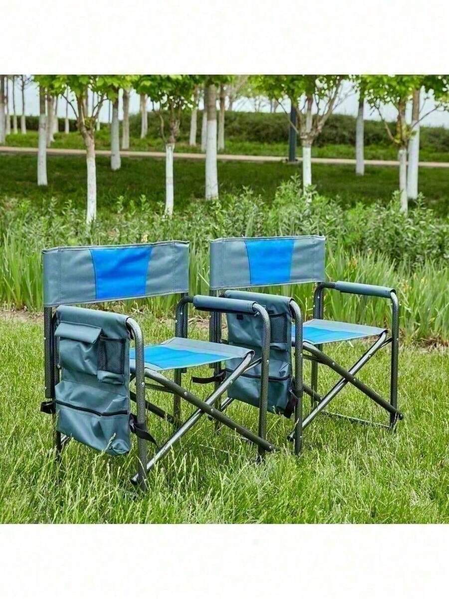 1-Piece Padded Folding Outdoor Chair With Side Table And Storage Pockets,Lightweight Oversized Directors Chair For Indoor, Outdoor Camping, Picnics And Fishing,Black/Grey - 藍色+灰色+鋼-6 - 查看 1