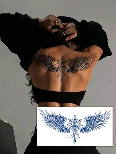 1pc Waterproof Wing Tattoo Sticker, Semi-Permanent Botanical Temporary Tattoo, Cool Wing Design, Flower, Mandala, Chain Patterns, Waterproof, Non-Reflective, Easy To Use, Suitable For Women's Back, Chest And Other Parts, Lasts 7-14 Days, Essential For Parties, Music Festivals