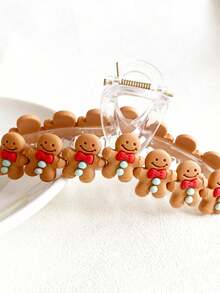 1个圣诞装饰蝴蝶结姜饼人透明爪形发夹，女士休闲圣诞派对装饰冬季发饰 - 彩色 - 查看 2